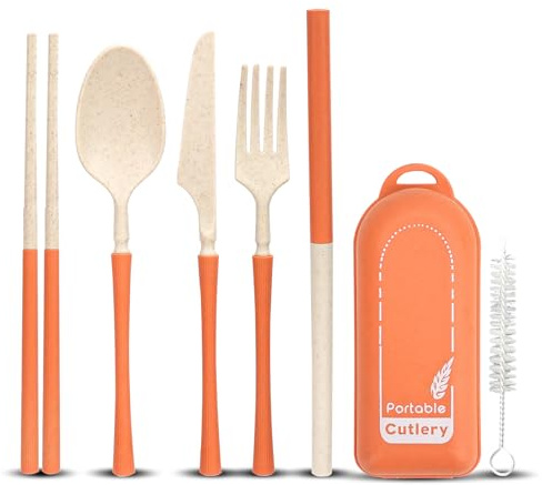 Bärbart bestickset, rese- och campingbestick, köks- och picknickbestick, kniv, gaffel, sked, ätpinnar, halmservis med fodral och borste för resor, camping och kontor (orange)