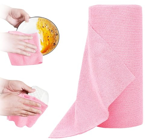 Removable Dish Towel Rolls, 50 Sheets/Roll - 12 x 12, Reusable Washable Kitchen Dish Cloths, Absorbent and Quick Dry Microfiber Cleaning Cloths (Pink)