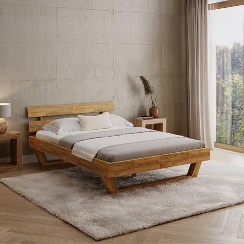skølm Nornir Massivholzbett 140x200 cm, Bett mit Kopfteil, Massivholz Eiche | Bettrahmen mit 2 Streben & Kufen Bettbeine, aus Massivholz, Holzbett hochwertig, Bettgestell geölt, geeignet als Doppelbett