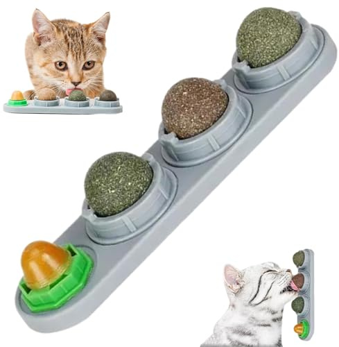 Kattmynta bollar, 4 smaker 360° roterbar ätbar kattmynta väggmontering med fuktsäkert lock katt energiboll slicka ångestlindring interaktiva leksaker för alla raser