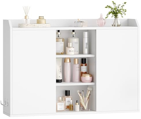 Hzuaneri Mobiletto Bagno Sospeso, Mobile Bagno Sospeso con Ripiani Regolabili, Dotato di Ante Scorrevoli e Scomparti Aperti, Adatto per Bagno, Cucina e Lavanderi, 20 x 90 x 60 cm, Bianco BC40203X