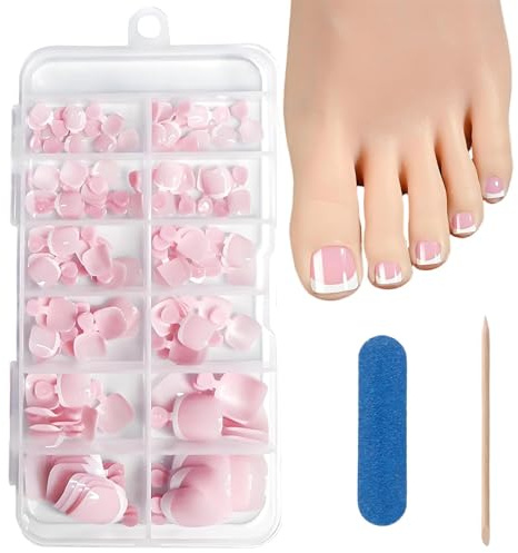 120 Stück Nude French Falsche Fußnägel, Künstlich Fußnägel zum Aufkleben, Kurze Quadratische Französische Zehennägel, mit 1 Nagelfeile und 1 Stäbchen, für Frauen, Rosa