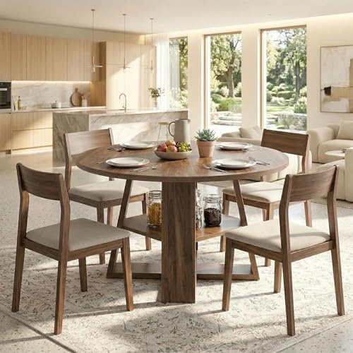 OOFAYJIA Ausziehbarer Esstisch, Round Dining Table mit Kreuzfuß,Holz-Esstisch im Landhausstil, Küchentisch geeignet für 4–6 Personen, Dunkelbraun (Stil 1)