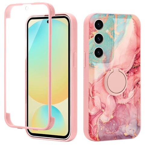 Yoedge Kickstand Phone Case for Samsung Galaxy S25 5G 6.2,360°Rotatable Magnetic Ring Holder Cases,Full Body Shockproof Silicone Back Cover with Built-in Screen Protector,Pink Marble Pattern