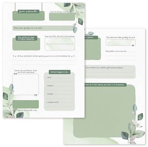 hoermirmalzu mh Gästekarten für Geburtstag, Taufe, Kommunion, Konfirmation & Co. | 25er Set in DIN A5 (14,8x21cm) | Spiel mit Fragen zum Ausfüllen | Greenry Eukalyptus Stil | Gästebuch Alternative