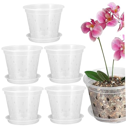 Gcroet 【5pcs】 Clear Plastic Orchid Pots with Holes, Plant Pots for Repotting with Excellent Drainage & Ventilation, for Indoor/Outdoor Orchids, Succulents and House Plants 130mm
