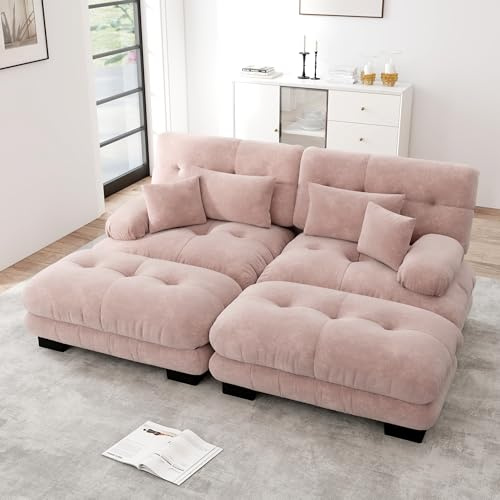 Muskel Modulares Cloud 2-Sitzer Sofa für Wohnzimmer Couch, Chenille Doppelsofa mit Hocker & Lendenkissen, Polstersofa Schlafsofa mit Breiten Armlehnen (Rosa, 2-Sitzer+2)