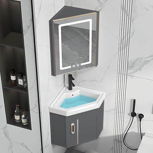 Mobile bagno angolare con lavandino e LED anti-appannamento armadietto per medicinali a parete vasca per lavanderia combinata per soluzioni salvaspazio per casa e cucina
