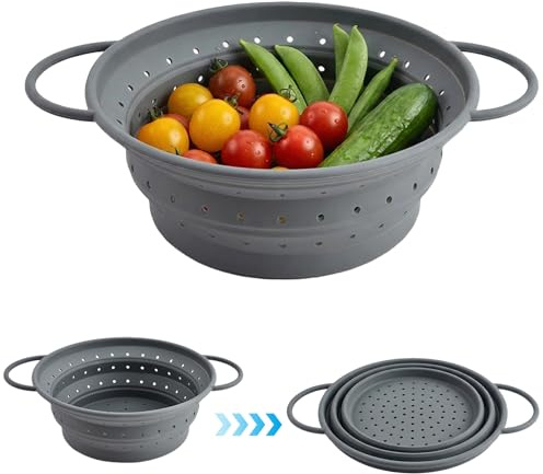 Werownsgso Nudelsieb Faltbar 28 cm Sieb Faltbar Silikon Abtropfsieb mit Griffen Hitzebeständiges Falt-Sieb Nudelsieb für Pasta zum Abtropfen von Pasta Gemüse Obst Leicht zu Reinigen für Küche Camping