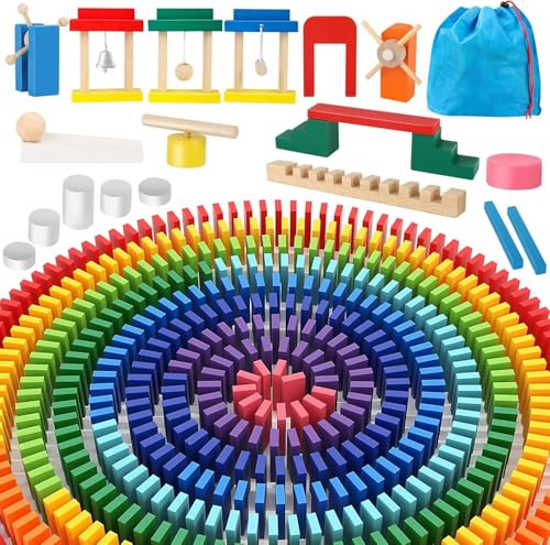 Herefun Domino Madera Juego de Bloques, Juego de Fichas de Dominó de Madera con Bolsa, 24 Bloques de Construcción, Juguete Educativo para Niños 3 4 5 (600)