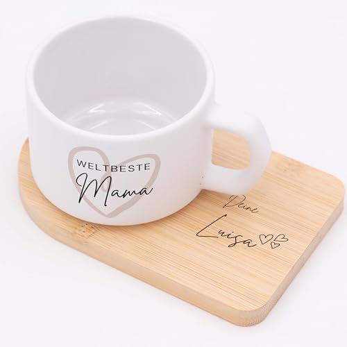 Kidsmood Liebevolles Geschenkset zum Muttertag – Personalisierte Tasse & Untersetzer mit Namen – Kaffeetasse für die beste Mama zum Muttertag & Geburtstagsgeschenk (180ml Keramikbecher)