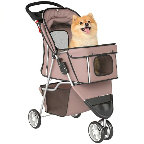 PawHut Poussette pour Chien 4 Roues Chariot Pliable Frein 77x44x102cm Café | Auvent Réglable, Panier de Rangement, Porte-Gobelet, pour Petits Chiens et Animaux Agés