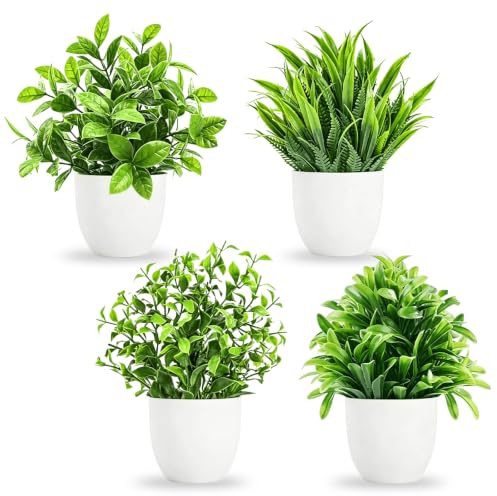 Mini Artificial Potted Plants, Small Faux Plastic Fake Greenery with Pots | 4 Pack Decorative Desk Plant for Home, Bathroom & Office Indoor Decor