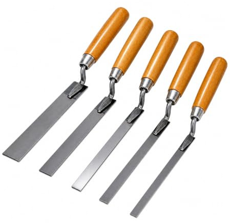 5-Piece Stainless Steel Pointing Trowel Set, 6/8/10/12/15mm | Five finger trowel sizes provide precise access for brick joints, mortar gaps and detailed masonry repairs in DIY projects.