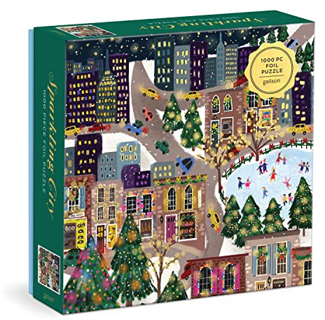 Galison Sparkling City – 1000 Piece Foil Puzzle with Illustrations of Colorful Merriments in The City with Gold Foil Accents