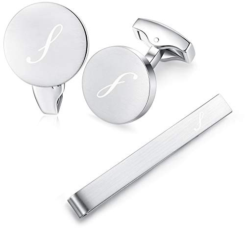 HONEY BEAR initial alfabet bokstäver manschettknappar slipsklämma set för män – runt rostfritt stål, för företag bröllopspresent, borstat silver, 5.4cm, koppar, Ingen ädelsten