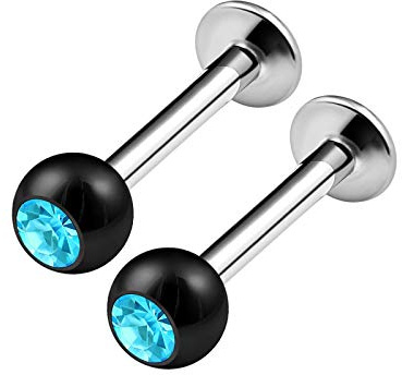 KJM FASHION 2 STK Stahl Lippe 1,6 mm 14g 8mm 5/16 Inch 4mm Aquamarin Kristall Schwarz Eloxiert Kugel Medusa Marilyn Monroe Tragus Ohrringe Piercing Schmuck 3119