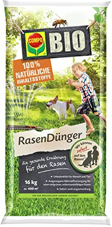 Compo BIO Rasendünger, Für junge Rasenpflanzen, Rasenneuanlage und Rollrasen, Feingranulat, 16 kg, 400 m²