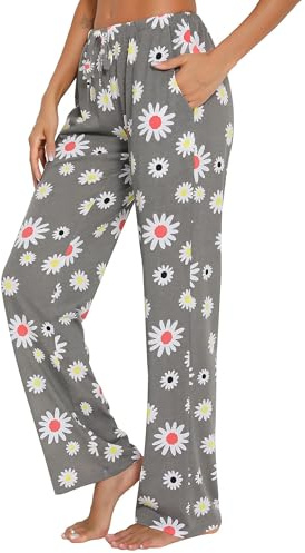 ENJOYNIGHT - Pantalones de pijama para mujer, largos, de algodón, con estampado, pantalones de dormir, pantalones de ocio con bolsillos y cordón, flores, XXL