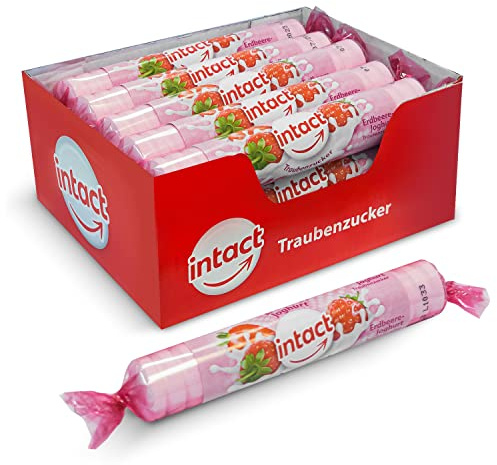 intact Traubenzucker (Erdbeere-Joghurt) Rolle 15 St. • Multipack (15 x 40g) Traubenzucker Bonbons • 100% Vegan