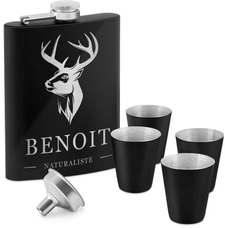 Maverton Flasque personnalisée de 200 ml pour lui | Portable Flasque pour voyageur, Set avec 4 verres à shot, Idee Cadeau Homme, Cadeau Anniversaire Homme, Pour ami, Cerf