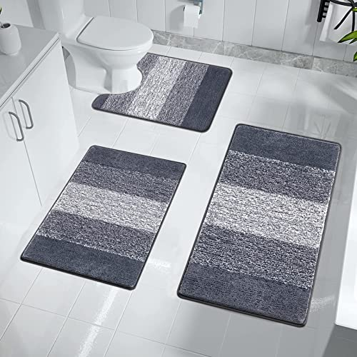 Enyhom Bath Mat Sets 3 Piece Non Slip Washable Bathroom Mat and Pedestal Mat for Toilet Soft Water Absorbent Bath Toilet Rug Floor Shower Rug, Dark Grey