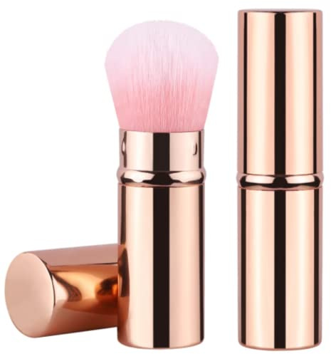 Retractable Makeup Brush Telescopic Face Brush Retractable Face Kabuki Brush Round Powder Travel Makeup Brushes Powder Foundation Blush Portable Makeup Brush (Gold Pink)