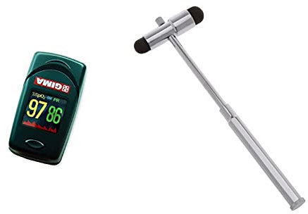GIMA SATURIMETRO Oxy-6 Pulsoximetro da Dito, Diametro 10-22 mm, Portatile, Rileva Saturazione, Battito e Perfusione & Martello Neurologico Classico, Buck Classic, Senza Lattice, Colore Argento