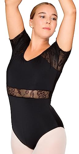 tanzmuster Ballett Trikot Damen Kurzarm - Malin - Ärmel aus geblümter Spitze - BH-Pad-Einschub - Tanz Body - Ballettkleidung für Erwachsene