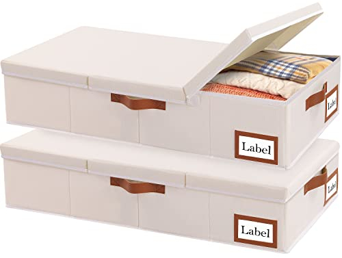 Yawinhe 2 Stück Unterbettkommode, Kleideraufbewahrung mit Deckel, Faltbare Aufbewahrungstasche mit Haltegriffen, für Bettdecken, Decken, Kleidung, 80x40x15cm, Beige