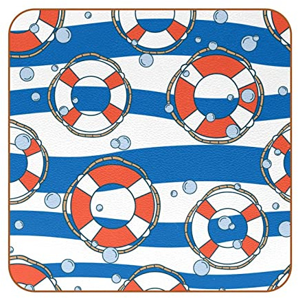 Getränkeuntersetzer Set von 6, PU-Leder, dekoratives Einweihungsgeschenk für Wohnkultur, Rettungsring, wasserblau-weiße Wellen, Streifen