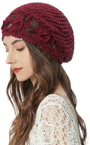 ZLYC Damer sommar stickade mössor handgjord virkad mössa slouch beanie mössa, Blommor vinröd, En Storlek