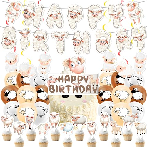 Decorazioni del partito delle pecore Forniture del partito di compleanno delle pecore Include Sheep Happy Birthday Banner Spirals Cake Topper Cupcake Toppers Palloncini