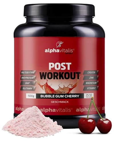 Post Workout Shake Kirsche 1500g – Whey Protein, EAA & Creatin Monohydrat | Mit Maltodextrin, L-Glutamin und Elektrolyten – fruchtiges All-in-one Supplement Getränk für Sportler von alphavitalis