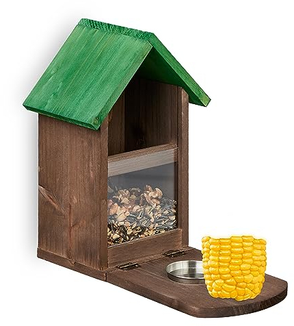 Relaxdays Eichhörnchen Futterhaus, Holz, Eichhörnchenfutterstation mit Maiskolbenhalter, Napf, Sitzplattform, braun/grün