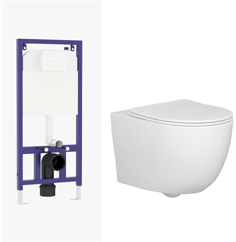 Wall Hung Toilet Pan Dual Concealed Cistern Frame Soft Close Seat & White Flush Plate Abacus Rimless Toilet