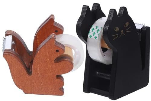 NUOBESTY 2stücke Niedlicher Klebebandabroller Aus Holz Im Tierdesign Schwarz Katze Eichhörnchen Praktischer Tischabroller Für Büro Schule Und Zuhause Mit Glatten Kanten Und Einfacher Handha