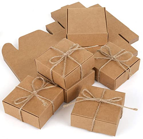 Naler 24 Pcs Brown Gift Box with Lids, 3x3x1.18 Inches | Small Kraft Paper Boxes, For Presents, Jewelry, Handmade Soap & Vouchers, Easy Assemble Mini Cardboard Boxes