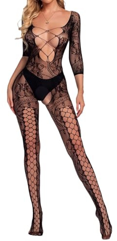 ELEGANT LAM Body de red para mujer, lencería sexy, lencería hueca, babydoll, talla única, ropa de dormir de malla, Ga-negro, talla única