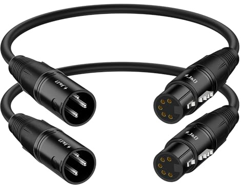 J&D XLR Stecker 3 Polig auf XLR Buchse 5 Poliges Kabel, 2er-Pack DMX 512 Turnaround DMX Bühne Kabel XLR 3 Poliger Stecker auf 5 Polige Buchse, 30 cm