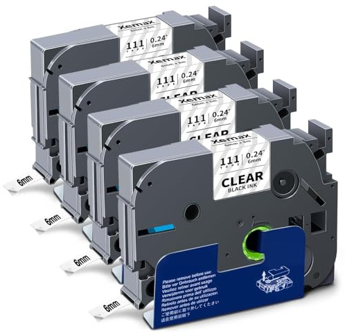 4x XemaX Etikettenband Kompatibel für Brother P-touch Bänder 6mm TZe-111 TZ-111 Schriftbänder Schwarz auf Transparent Etiketten Kassette für Brother PT-E110 H100R H110 H101C H108 E100 H100LB H105