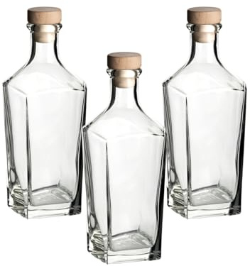 gouveo Set di 3 decanter da 500 ml Ina con tappo di sughero (HGK) – Bottiglia di design da 0,5 l in vetro – Caraffa con corpo quadrato per liquore, whisky, cognac (DIT500HGK)
