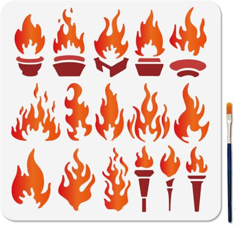 MAYJOYDIY Flammenfackel Malschablone Airbrush Feuer Vorlagen 30x30cm Feuerschalen Fackel Kunststoffschablone Mit Pinsel Heiliges Feuer Wiederverwendbare Vorlage Für Holz Fenster Heimwerkerarbeiten