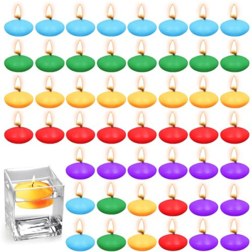 50 Stück Schwimmkerzen, Bunte Schwimmende Kerzen, Unparfümierte Schwimmkerzen, Wasserkerzen für Hochzeiten, Partys, Badewannen, Valentinstag Deko, Pools, Spas(Rot+Lila+Gelb+Blau+Grün)