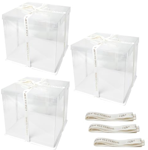 3 Pieces Transparent Cake Box 8 Inchi 26 x 26 x 24 cm, Plastic Gift Boxes with Lid, Double Cake Box, Transparent Box with Ribbon Base, for Packaging Cake Baking for Dessert