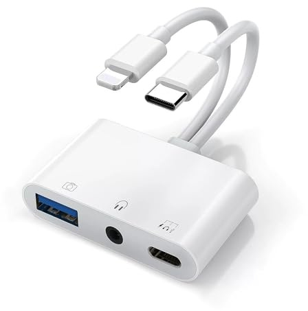 VINSPIRE Adaptador de cámara USB C a Lightning a USB, soporta carga USB C, adaptador de audio USB C a conector de 3.5 mm, interfaces Lightning + TC, hub multifuncional, soporta dispositivos de alta