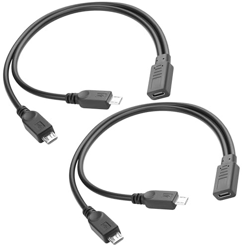 QIANRENON USB C to 2 Micro USB 1 in 2 Splitter Charging Short Cable 5V3A USB Type C Female to Dual Micro USB Male Connector Y Shape Extension Cable, Cannot Data Transfer, 30cm/13.8in, 2Pcs