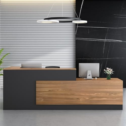 Heliosrider Empfangstheke, Empfangstisch, Einfach Moderner Empfangstresen, L-Förmiger Rezeptionstheke, Schreibtisch mit Theke Empfang, Holzwerkstoff, mit Tastaturschublade, Büromöbel, Ladentheke