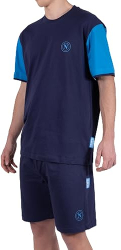 SSC Napoli, Pigiama Homewear Corto Girocollo in Jersey, 100% Cotone, Unisex, Blu, con Logo del Napoli