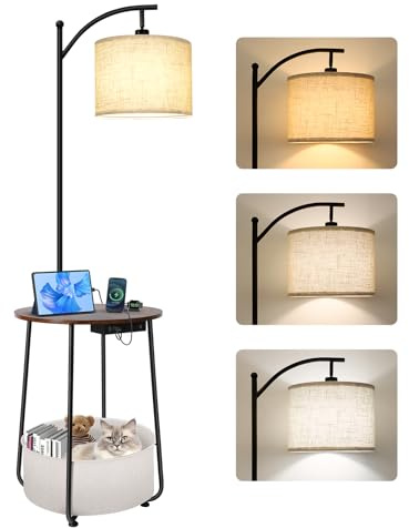OUTON Lampara de Pie con Mesa Redonda, Mesas Auxiliares Laterales con Estación de Carga (USB y Type-C), 3 Temperaturas de Color, Mesita de Noche con Cesta de Tela para Dormitorio, Sala, Marrón Rústico